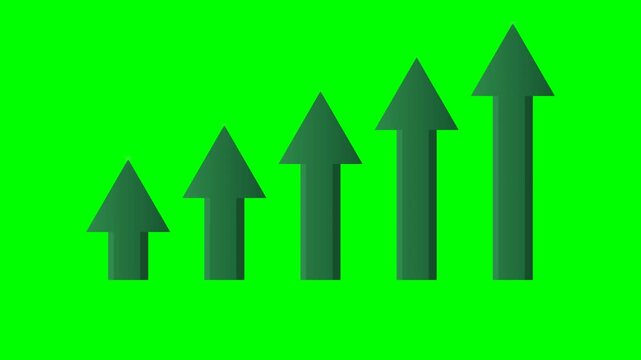 Five dark green chart bars topped with large isosceles triangle caps in the same green as the bar bodies rise one by one from left to right with small apex sparkles, then descend back in reverse order