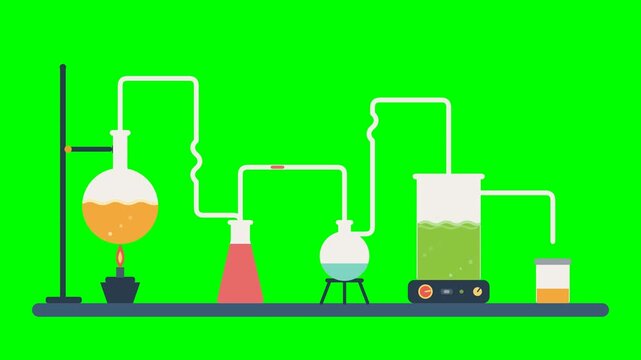A flat chemistry distillation setup seated on a bench heats an orange flask over a burner while a green beaker boils on a powered hot plate with surface waves rising with the liquid, each container fi