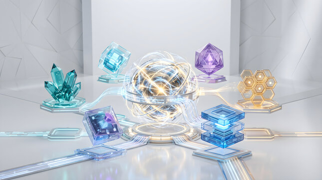 Abstract data core concept with floating geometric builtins connected to a glowing central sphere of advanced digital tech