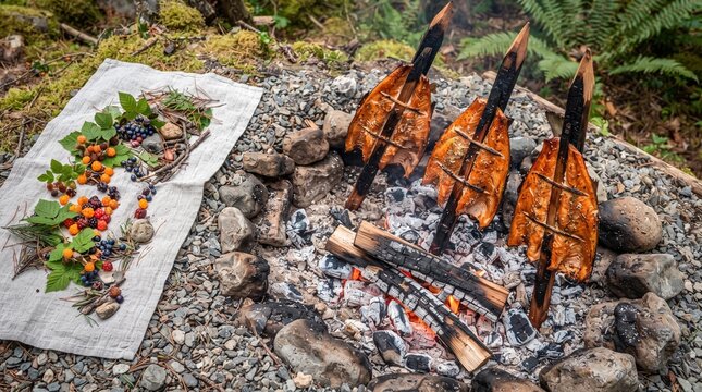 Coastal Native American Cedar Stake Salmon Cooking over Pit Embers