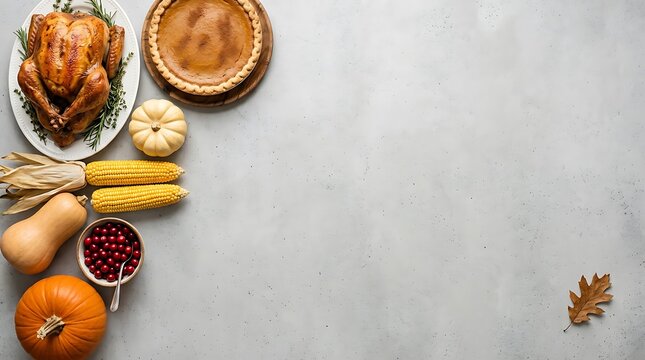 A delicious roasted thanksgiving turkey served with pumpkin pie and seasonal vegetables on a light grey stone background top view