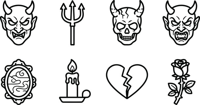 Set of gothic icons featuring devil masks trident skull candle broken heart and rose symbols