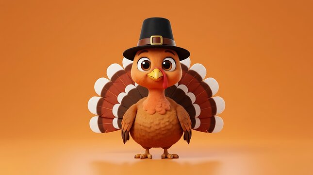 A cute 3d illustration of a thanksgiving turkey wearing a traditional pilgrim hat isolated on a solid orange background