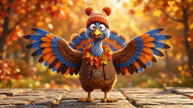 A cute cartoon thanksgiving turkey character standing with open wings in a beautiful autumn forest with vibrant falling leaves background