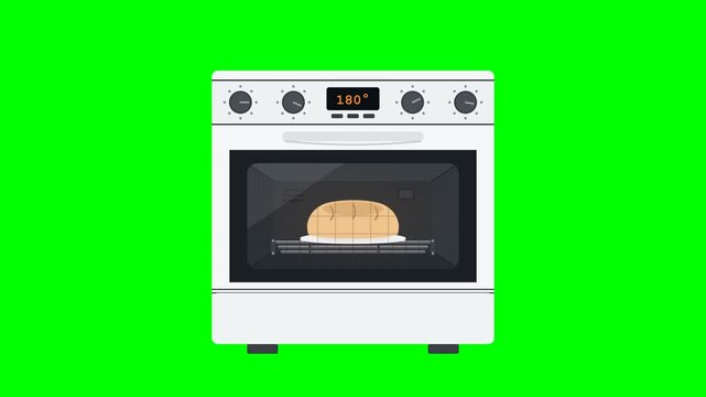 A white freestanding kitchen oven turns on, its four control knobs set at varied left positions turn to the right, reveals a bread loaf on a plate over a metal rack inside, bakes the bread until golde
