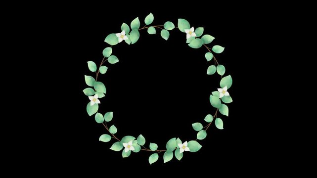 Animated circular wreath of green leaves and white flowers rotating