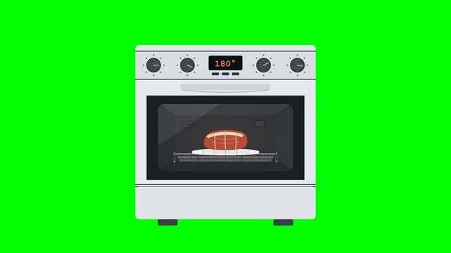 A grey freestanding kitchen oven turns on, its four control knobs set at varied left positions turn to the right, reveals a raw beef roast tied with twine on a plate over a metal rack inside, roasts t