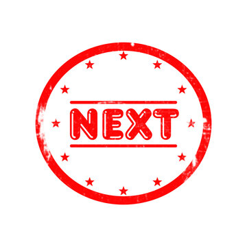 Red circle stamp with next word mark inside representing immediate action and urgency symbol.