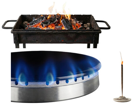 A set of isolated fire and flame elements including incense, brazier embers, and a gas burner flame.