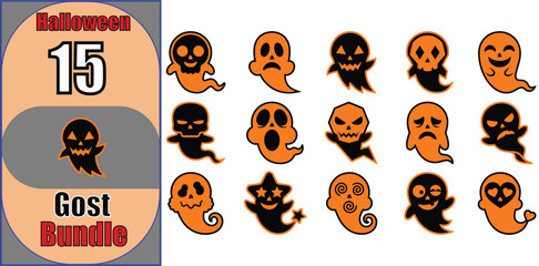 Fototapeta premium Set of fifteen cute and spooky ghost character illustrations for halloween decorations and festive graphic design projects