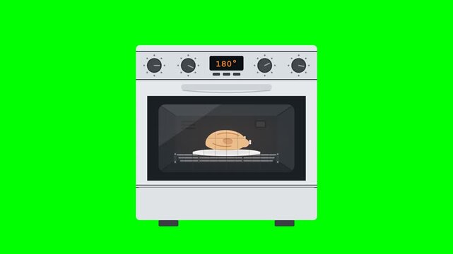 A grey freestanding kitchen oven turns on, its four control knobs set at varied left positions turn to the right, reveals a raw chicken on a plate over a metal rack inside, roasts the chicken until go