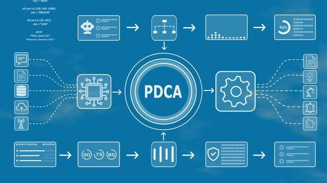 PDCA workflow automation system with intelligent data processing, business analytics, cloud integration, Technology background. 4k video