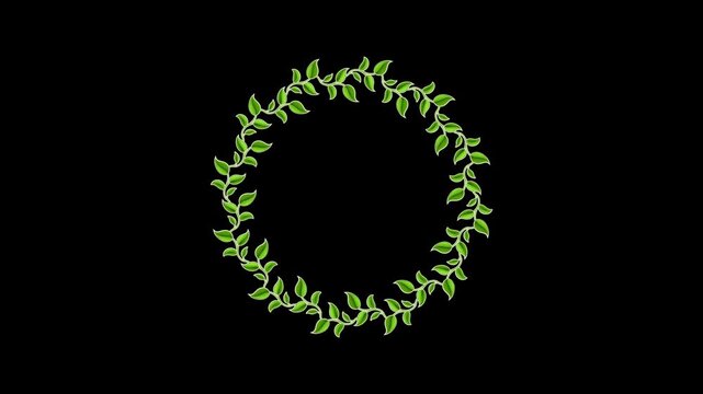 Animated round frame of green leaves rotating on black background