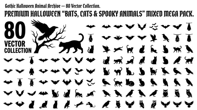 Halloween: Spooky black cats, bats, and animals mega pack vector