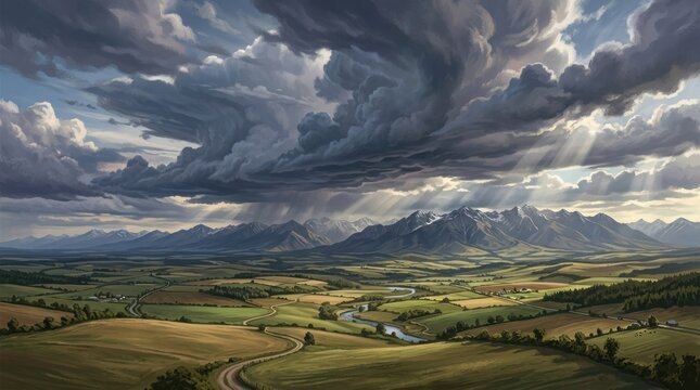 A vast, expansive landscape with rolling hills, a river, and a mountain range under a dramatic, stormy sky with rays of sunlight breaking through.