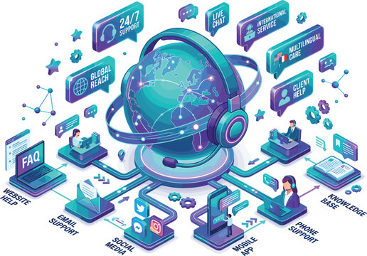 Isometric global customer support vector illustration featuring earth globe with headphones connecting online chat agents live assistance and digital communication channels
