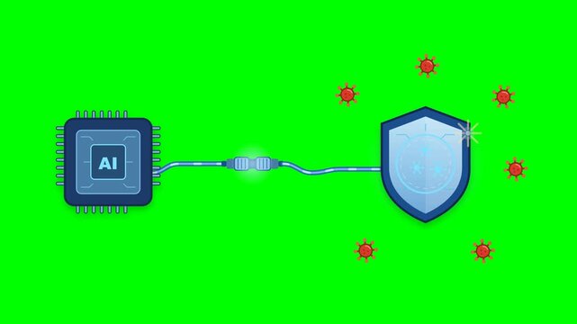 Six virus particles cling to a powerless security shield, get flung off when a processor chip cable plugs in, attack one by one and bounce off with sparks, then reattach to the shield when the cable u