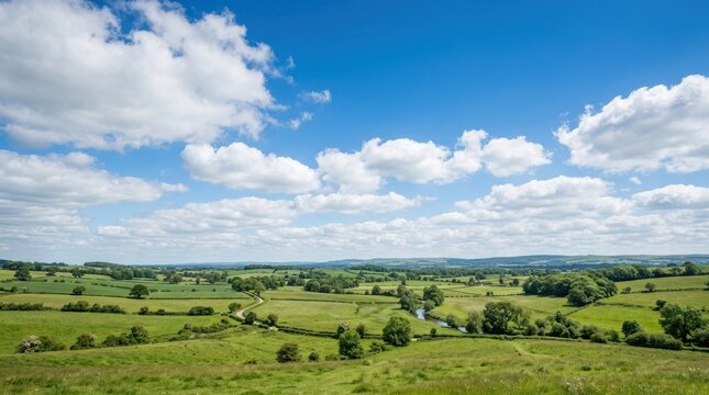 A serene landscape with rolling green hills, a winding river, and a clear blue sky with scattered clouds.