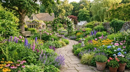 Fototapeta premium A picturesque garden with a stone path, colorful flowers, and a house in the background.