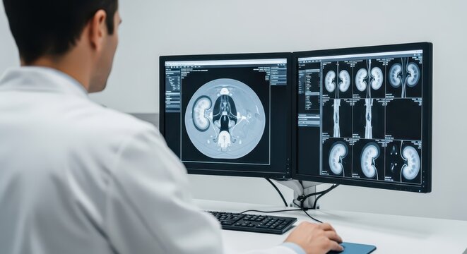 Doctor analyzing kidney scans on dual monitors in a modern radiology clinic setting