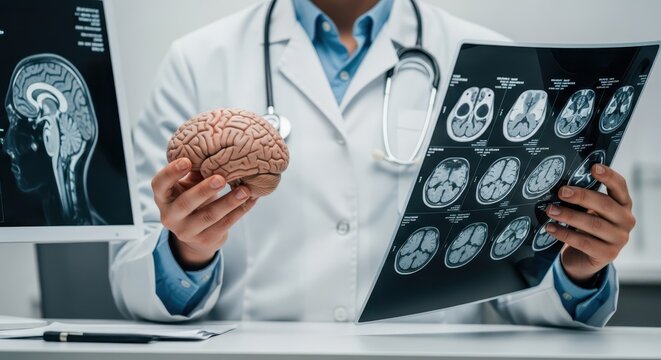 Doctor holding a human brain model and examining a radiology scan in a clinical setting