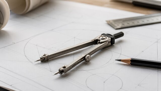 Metal drafting compass on architectural blueprints with pencils, ruler and rolled plans for precise technical drawing and design