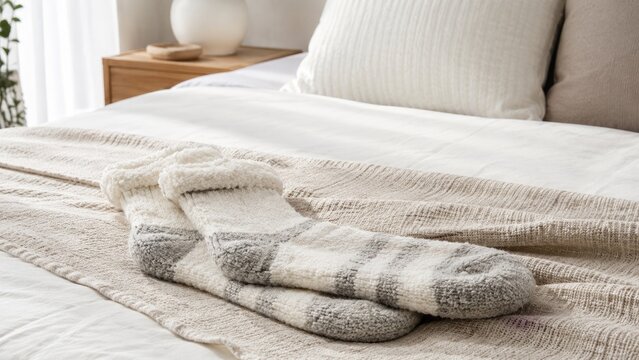 Soft fuzzy wool socks placed on a neutral beige throw across a neatly made bed in a cozy minimalist bedroom