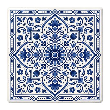 Blue and white ceramic tile with traditional floral pattern