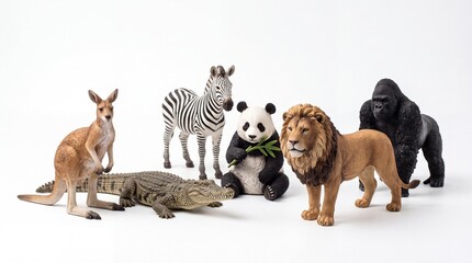 Fototapeta premium Various plastic toy zoo animals standing together in a group composition isolated on white background