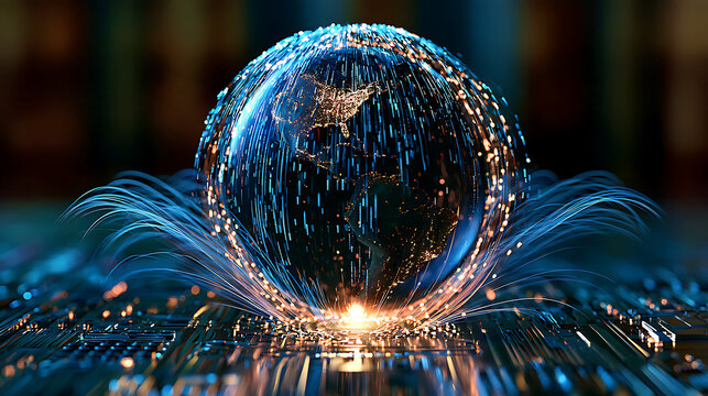 Stream of binary data around the globe, printed circuit board background, global digital technology concept.
