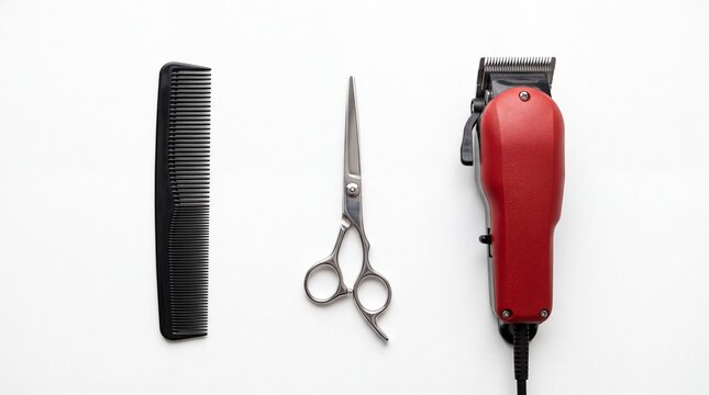 Professional barber tools including black comb stainless scissors and red hair clippers on white background