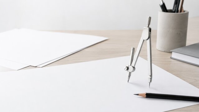 Drafting compass and pencil placed on blank white paper on a minimalist desk workspace