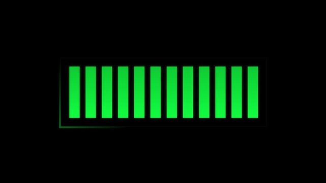 Green digital progress bar or battery charging indicator animation showing status of loading process with vertical blocks on a black background, representing power, energy, and completion.