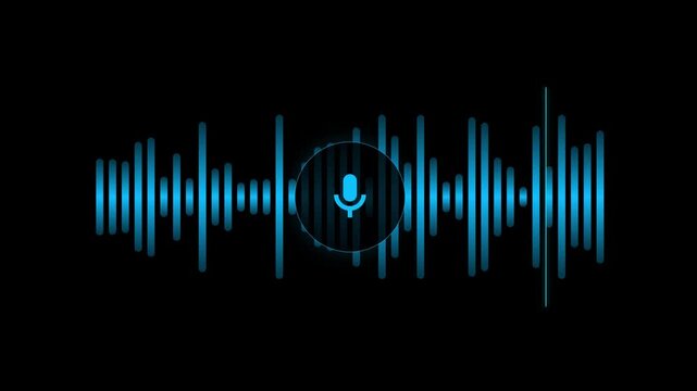 Blue Digital Voice Assistant Waveform with Microphone Icon Glowing on Black Background, Concept of Speech Recognition, AI Technology, Audio Frequency, and Smart Communication Interface
