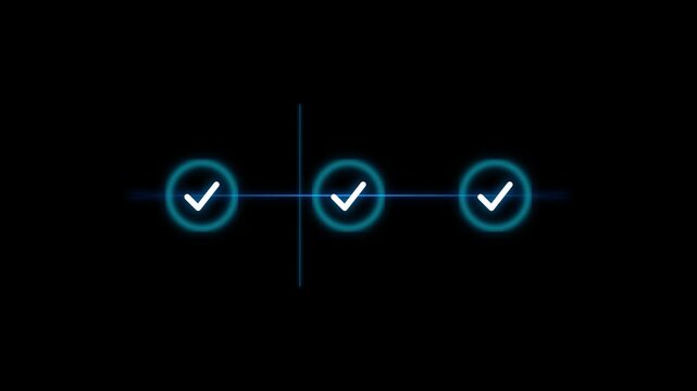 HUD Digital Interface Progress Checklist Animation with Glowing Blue Circles and Checkmarks on Black Background for Technology and Business Success Milestone Concepts
