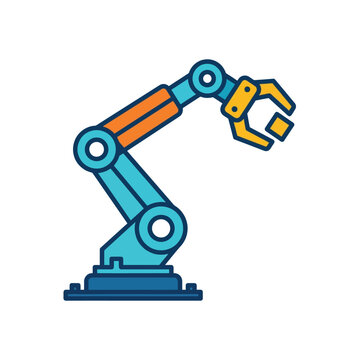 robotic arm in a flat design picking up a cube vector illustration for technology