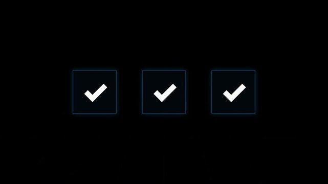 Row of three digital glowing checkbox icons with white checkmarks on a black background representing task completion, survey options, success verification, or selection in a user interface.