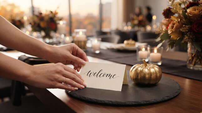 Hands placing handwritten welcome place card on dark table beside candle and pumpkin centerpiece during elegant dinner setting.