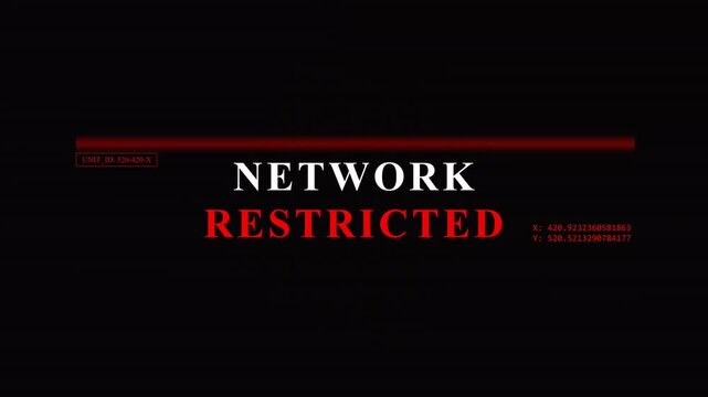 Network Restricted Digital Alert on a Dark Background with Red Glitch Scanline and HUD Elements, Representing Cyber Security Breach, Unauthorized System Access, or Firewall Protection Message.