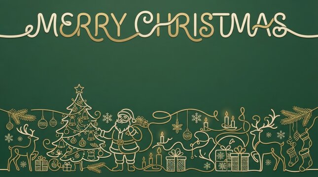 Golden Merry Christmas script with modern line art Santa reindeer and tree on green with copy space