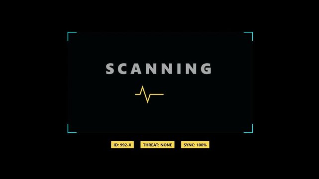 Futuristic HUD Interface with Scanning Text and Heartbeat Pulse Line, Digital Security Screen Displaying Threat Analysis and Data Synchronization Elements for Sci-Fi and Technology Concepts
