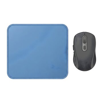 Blue mouse pad and black computer mouse on white background