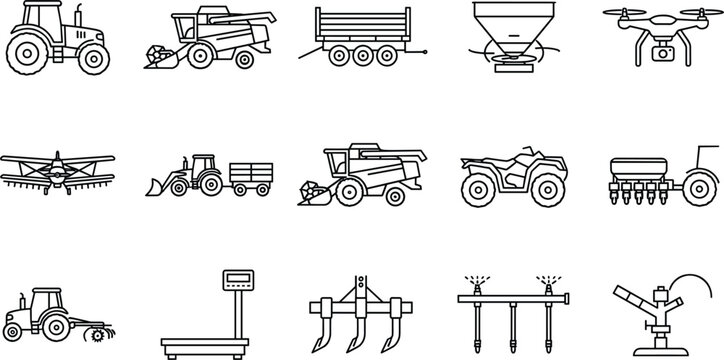 Precision agronomy line icons featuring quadcopter drone platform scale crop duster plane tractors harvesting equipment and irrigation vector