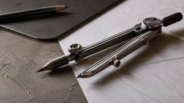 Close-up of a metal drafting compass and pencil on technical drawing paper beside a leather-bound sketchbook