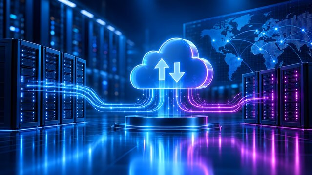 Global cloud computing infrastructure concept featuring a neon digital cloud icon connecting to server racks and a world map for secure worldwide data storage networks