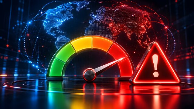 Digital performance gauge hitting maximum critical red level alongside a warning alert triangle symbolizing network overload and global cybersecurity threats