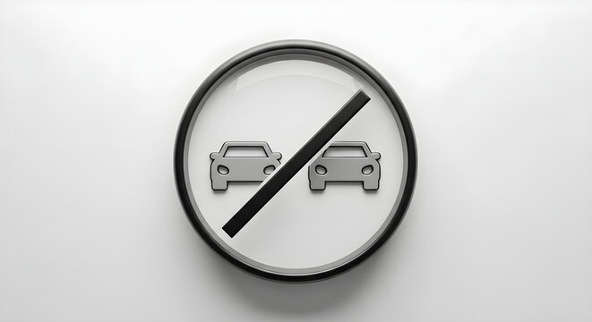 No Passing Traffic Road Sign Featuring Metallic Car Icons on a Circular White Background Isolated for Transportation Safety Regulations