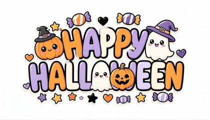 Fototapeta premium Cute Happy Halloween Greeting with Ghosts and Pumpkins