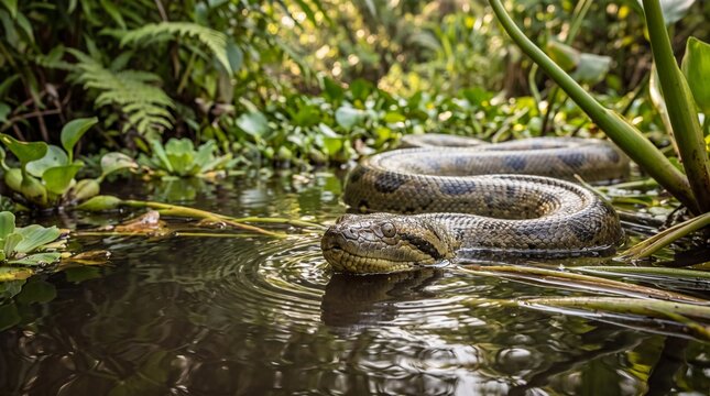 Large anaconda snake resting in a shallow tropical river surrounded by lush green foliage.