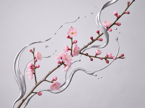 Pink Plum 014 Pink Plum Blossoms on Diagonal Branch with Swirling Liquid Silver Waves Background（流動的なシルバーウェーブ背景に咲く対角線状の枝付ピンクの梅の花）